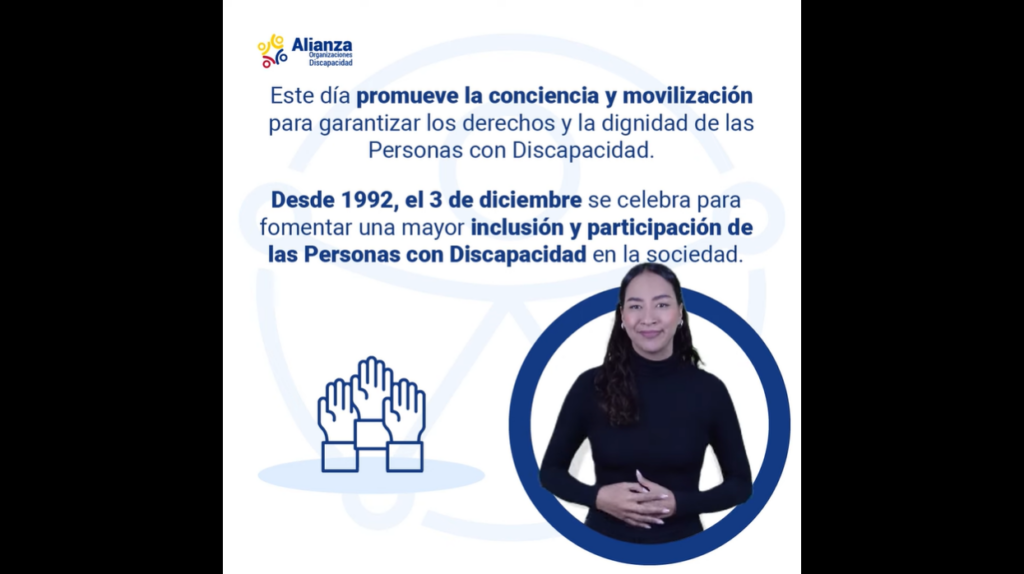 Captura de pantalla de un video. Una mujer haciendo lengua de señas explicando el contenido escrito del video