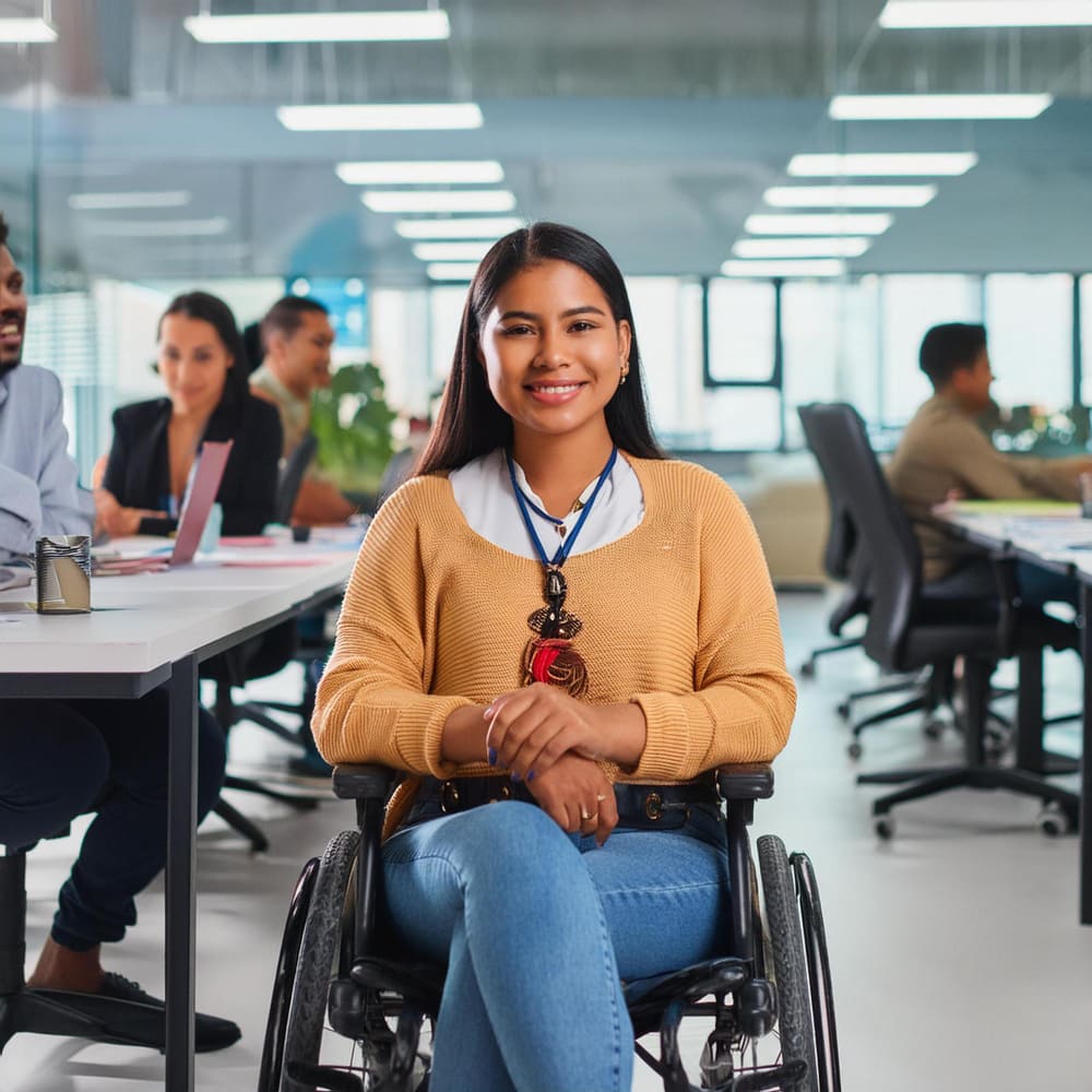 Mujer con discapacidad física sentada en una silla de ruedas en medio de una oficina con 5 trabajadores en el fondo