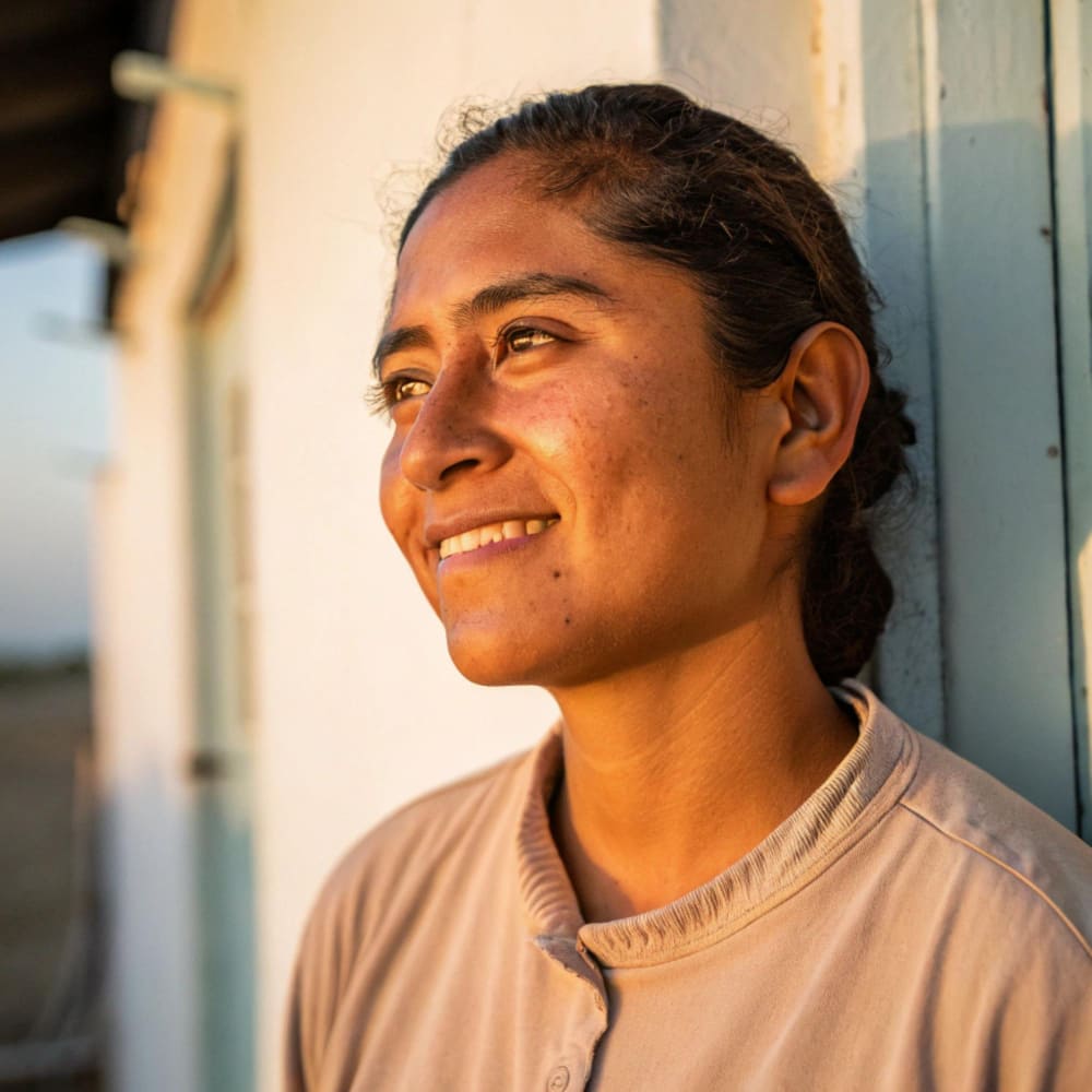 Retrato de mujer sonriente mirando hacia al atardecer