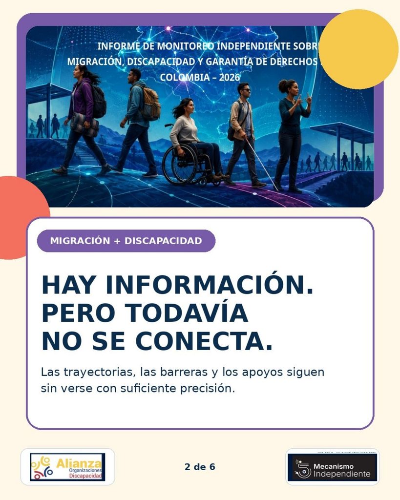 Personas migrantes con y sin discapacidad frente a un mapa digital de Colombia. Aparecen una mujer usuaria de silla de ruedas, un hombre con bastón blanco y una mujer que usa lengua de señas. Texto principal: Hay información, pero todavía no se conecta.