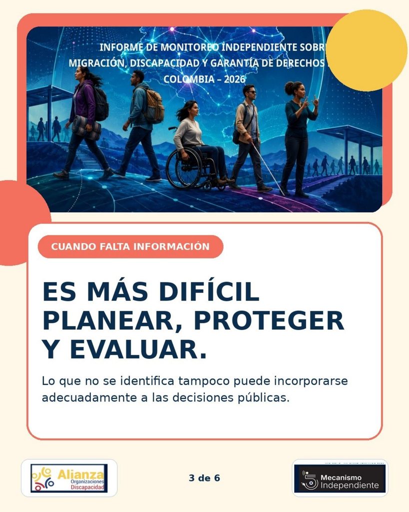 Personas migrantes diversas avanzan por una ruta digital. Una mujer utiliza silla de ruedas, un hombre usa bastón blanco y otra mujer se comunica en lengua de señas. Texto principal: Es más difícil planear, proteger y evaluar.