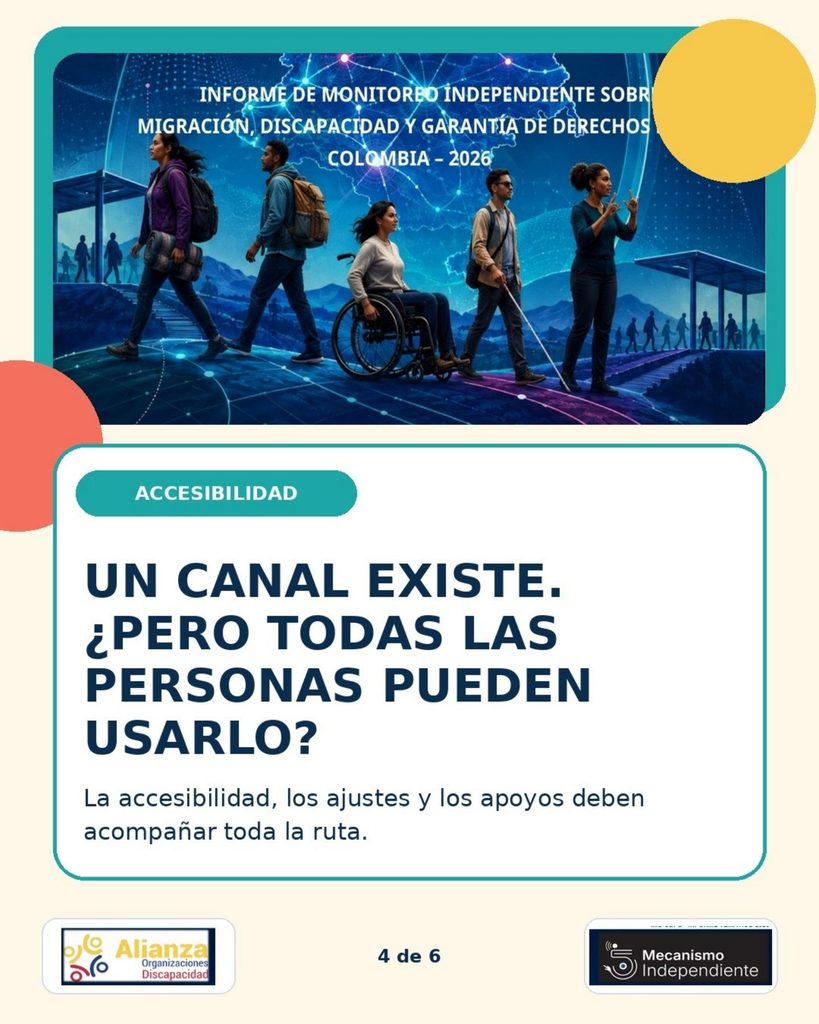 Personas migrantes con distintas formas de movilidad y comunicación frente a un mapa de Colombia. Texto principal: Un canal existe. ¿Pero todas las personas pueden usarlo? La imagen destaca la necesidad de accesibilidad, ajustes y apoyos.